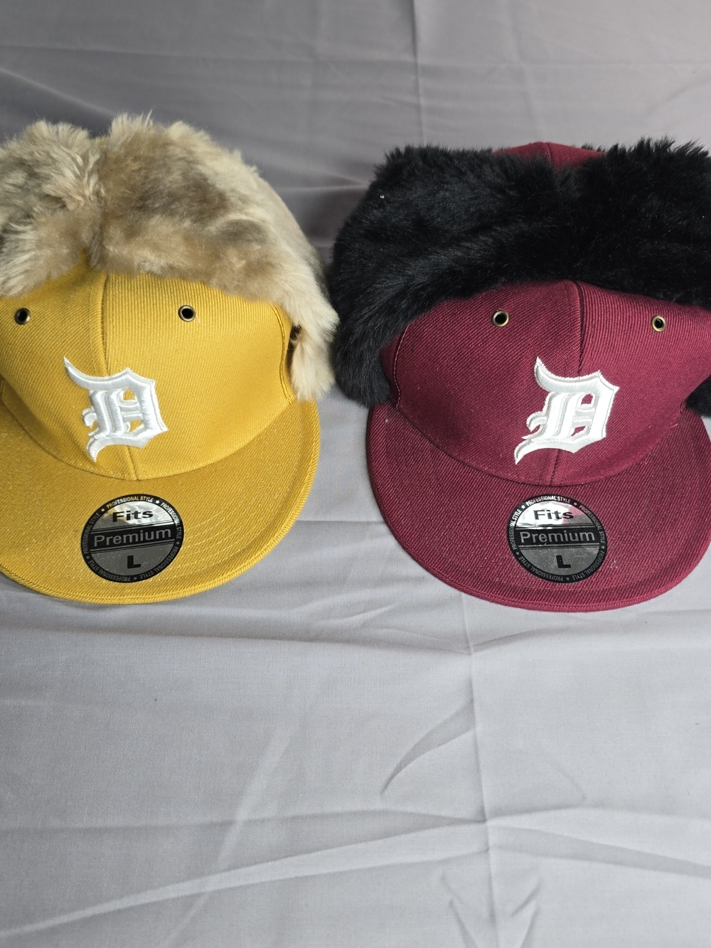 Pair of New Era 59FIFTY Detroit Tigers Dogear Fitted Hats - Faux Fur Ear Flaps
